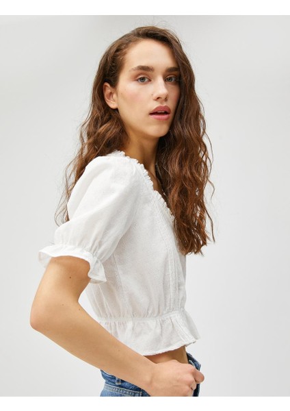Crop Bluz Balon Kollu V Yaka Fırfırlı Düğmeli Pamuklu