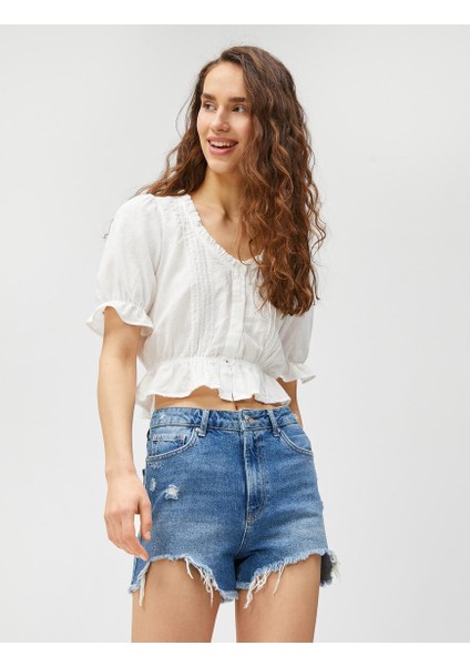 Crop Bluz Balon Kollu V Yaka Fırfırlı Düğmeli Pamuklu fiyatları