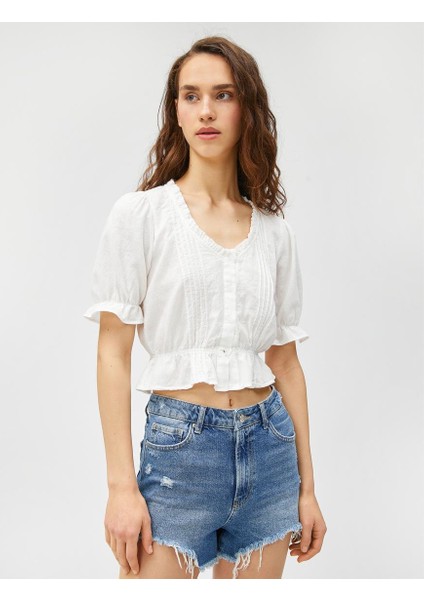Crop Bluz Balon Kollu V Yaka Fırfırlı Düğmeli Pamuklu modelleri