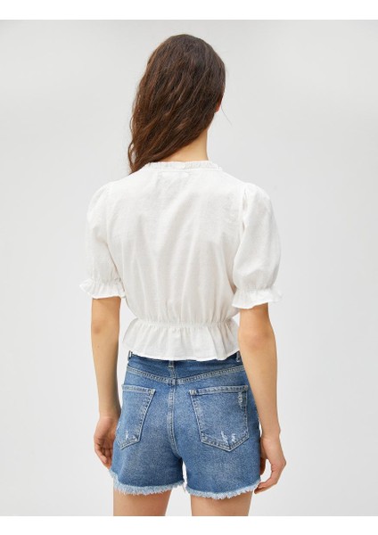 Crop Bluz Balon Kollu V Yaka Fırfırlı Düğmeli Pamuklu fırsatları