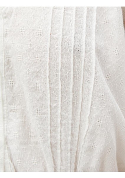 Crop Bluz Balon Kollu V Yaka Fırfırlı Düğmeli Pamuklu