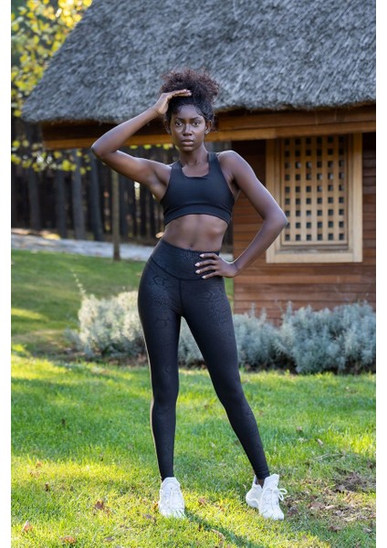 Siyah Yılan Desen Deri Görünümlü Kumaş Spor Tayt