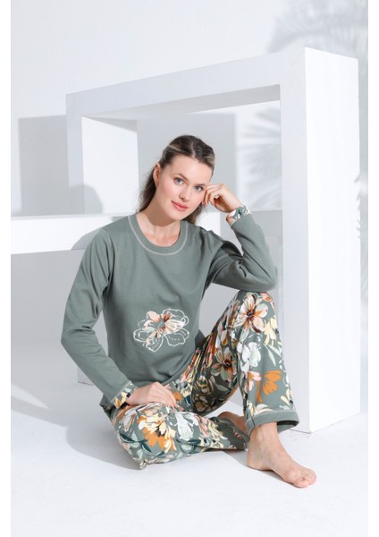 Pamuklu Uzun Kol Kadın Pijama Takımı Haki Yeşil