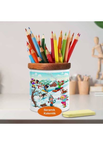 Karda Oynayan Çocuklar Ahşaplı Seramik Kalemlik - 1196-507