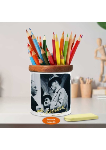 Şapkalı Mustafa Kemal Atatürk Ahşap Seramik Kalemlik- S462
