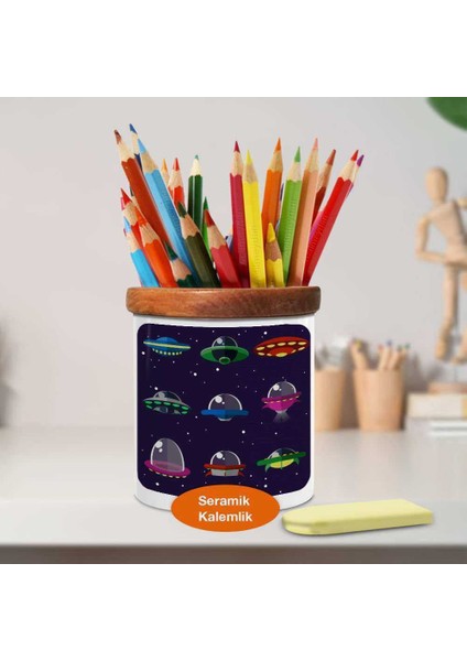 Gezengende Renkli Uzay Araçaları Ahşap Seramik Kalemlik -2147