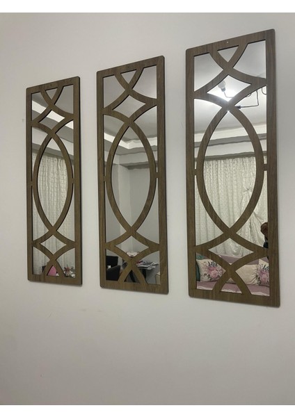 Dekoratif Geometrik Desenli Pleksi Aynalı Açık Ceviz Boyalı Hazır