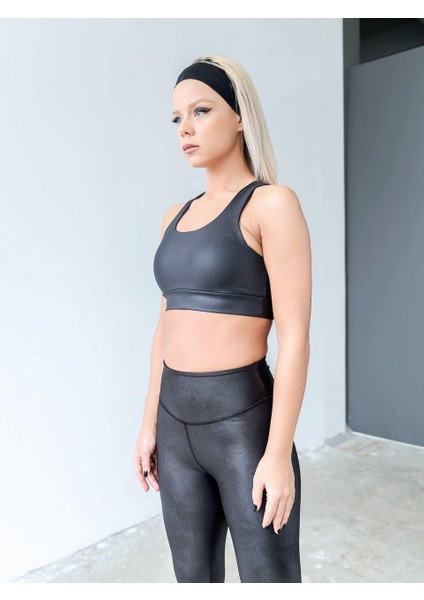 Siyah Kendinden Soyut Çiçek Desen Deri Görünümlü Kumaş Spor Tayt