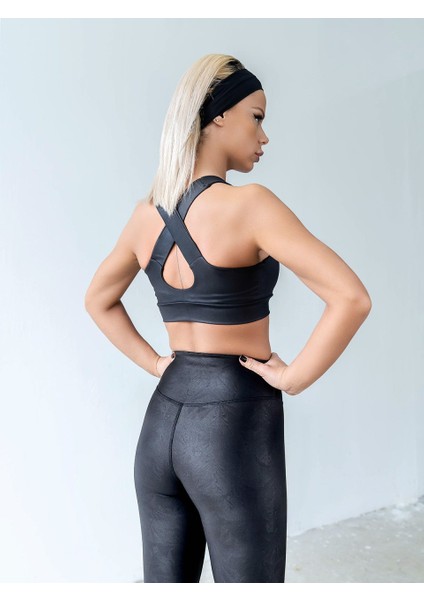 Siyah Kendinden Soyut Çiçek Desen Deri Görünümlü Kumaş Spor Tayt fiyatları