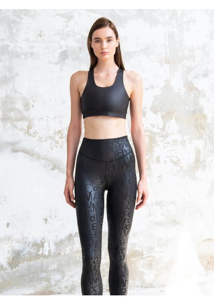 Siyah Kendinden Harf Desenli Deri Görünümlü Kumaş Spor Tayt fırsatları