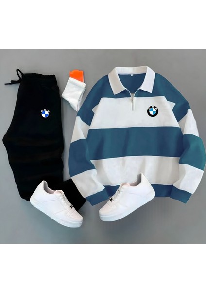 Yeni Sezon 3 Iplik Şardonlu Bmw Baskılı Yarım Fermuarlı- Eşofman Altı Takım 2'li