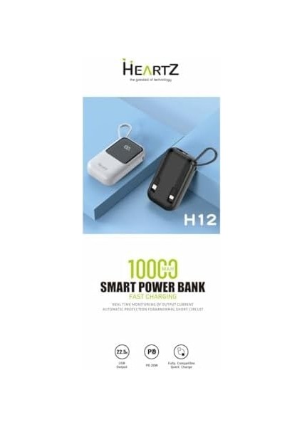 H12 10000 Mh Pd 20W ve USB 22.5W Fast Hızlı Şarj Dahili Type C ve Lightning Kablolu Dünya Standartlarına Uygun Polymer Batarya Birebir Amper LCD Göstergeli Powerbank