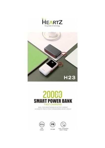 H23 20000 Mh Pd 20W ve USB 22.5W Fast Hızlı Şarj Dahili Type C ve Lightning Kablolu Dünya Standartlarına Uygun Polymer Batarya Birebir Amper LCD Göstergeli Powerbank