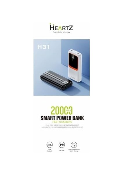 H31 20000 Mh Pd 20W ve USB 22.5W Fast Hızlı Şarj Dahili Type C ve Lightning Kablolu Dünya Standartlarına Uygun Polymer Batarya Birebir Amper LCD Göstergeli Powerbank (Beyaz)