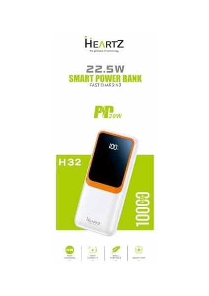 H32 10000 Mh Pd 20W ve USB 22.5W Fast Hızlı Şarj Dahili Type C ve Lightning Kablolu Dünya Standartlarına Uygun Polymer Batarya Birebir Amper LCD Göstergeli Powerbank (Beyaz)