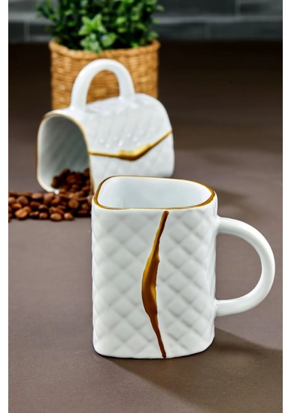 Çanta Şeklinde Lüx Seramik Gold Varaklı Tekli Kupa , Mug , Kupa Takımı , Nescafe Fincanı