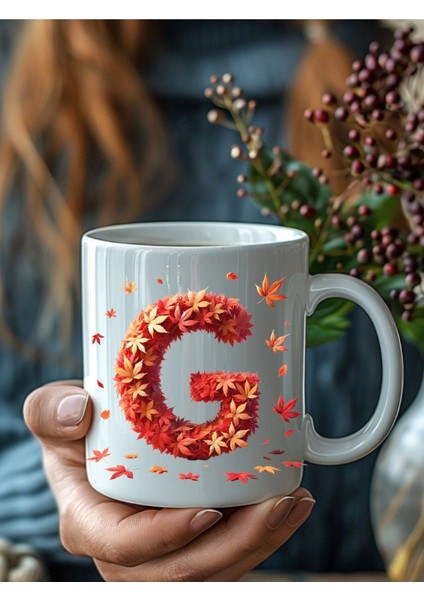 Sonbahar Yaprağı Şeklinde Harf 3 Boyutlu Tasarım Seramik Kupa Mug - Hediyelik Kupa