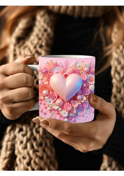 Kalp Baskılı 3D Tasarım Seramik Kupa Mug - Hediyelik Kupa Bardak