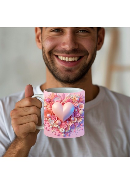 Kalp Baskılı 3D Tasarım Seramik Kupa Mug - Hediyelik Kupa Bardak