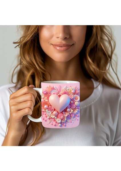 Kalp Baskılı 3D Tasarım Seramik Kupa Mug - Hediyelik Kupa Bardak