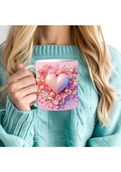 Kalp Baskılı 3D Tasarım Seramik Kupa Mug - Hediyelik Kupa Bardak
