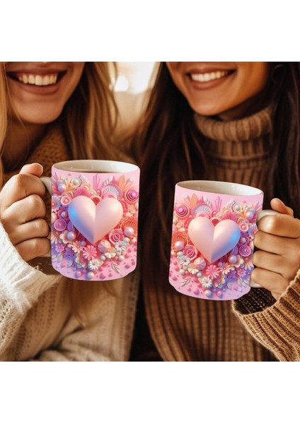 Kalp Baskılı 3D Tasarım Seramik Kupa Mug - Hediyelik Kupa Bardak