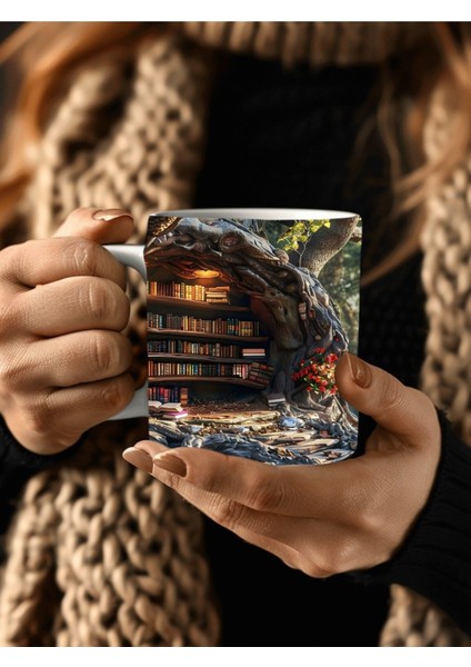 Mağara ve Ağaç Içi Kitaplık Kütüphane Baskılı 3D Tasarım Seramik Kupa Mug - Hediyelik