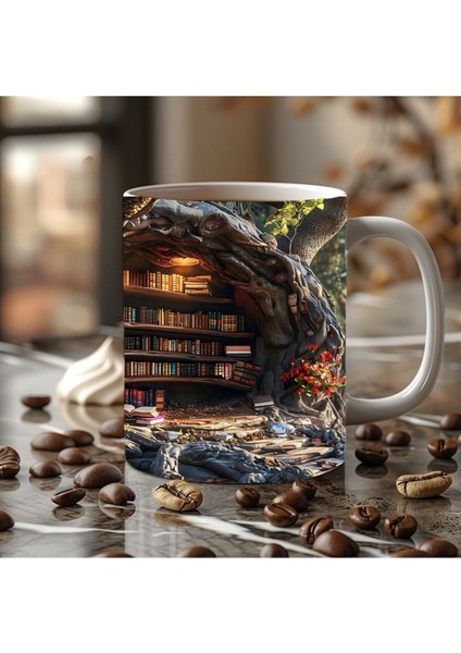 Mağara ve Ağaç Içi Kitaplık Kütüphane Baskılı 3D Tasarım Seramik Kupa Mug - Hediyelik fiyatları