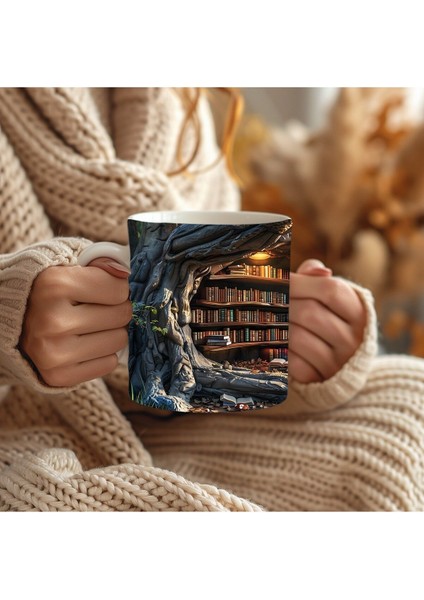 Mağara ve Ağaç Içi Kitaplık Kütüphane Baskılı 3D Tasarım Seramik Kupa Mug - Hediyelik modelleri