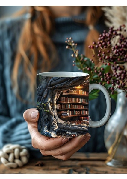 Mağara ve Ağaç Içi Kitaplık Kütüphane Baskılı 3D Tasarım Seramik Kupa Mug - Hediyelik fırsatları