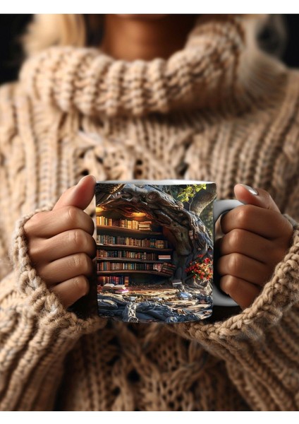 Mağara ve Ağaç Içi Kitaplık Kütüphane Baskılı 3D Tasarım Seramik Kupa Mug - Hediyelik indirimleri