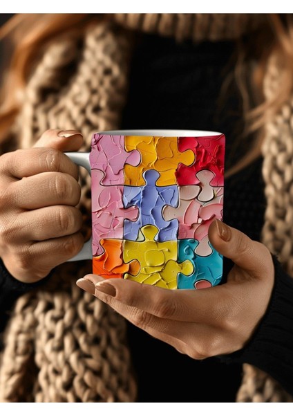 Yapboz - Puzzle Temalı 3 Boyutlu Tasarım Seramik Kupa Mug - Hediyelik Kupa