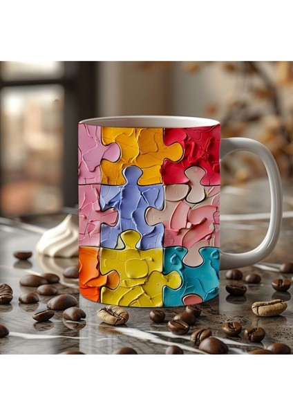 Yapboz - Puzzle Temalı 3 Boyutlu Tasarım Seramik Kupa Mug - Hediyelik Kupa