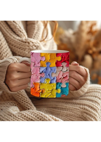 Yapboz - Puzzle Temalı 3 Boyutlu Tasarım Seramik Kupa Mug - Hediyelik Kupa