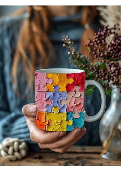 Yapboz - Puzzle Temalı 3 Boyutlu Tasarım Seramik Kupa Mug - Hediyelik Kupa