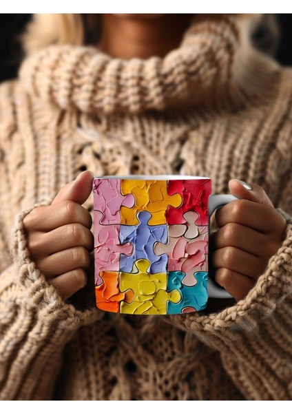 Yapboz - Puzzle Temalı 3 Boyutlu Tasarım Seramik Kupa Mug - Hediyelik Kupa