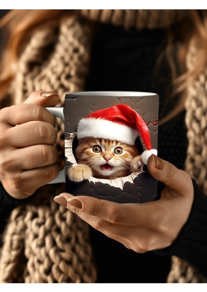 Yılbaşı Kedi Temalı 3 Boyutlu Tasarım Seramik Kupa Mug - Hediyelik Kupa Bardak