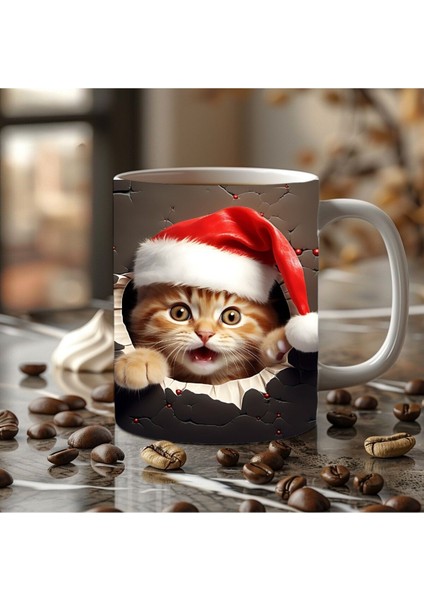 Yılbaşı Kedi Temalı 3 Boyutlu Tasarım Seramik Kupa Mug - Hediyelik Kupa Bardak