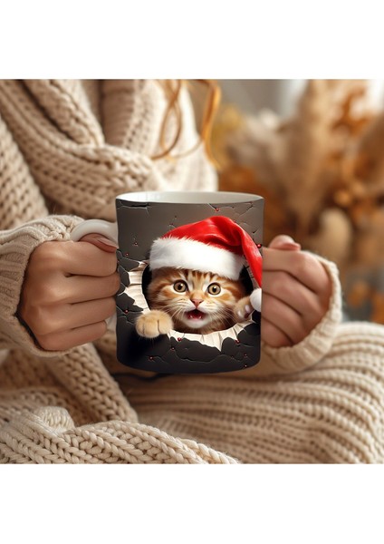 Yılbaşı Kedi Temalı 3 Boyutlu Tasarım Seramik Kupa Mug - Hediyelik Kupa Bardak