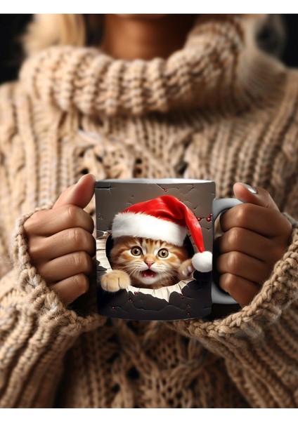 Yılbaşı Kedi Temalı 3 Boyutlu Tasarım Seramik Kupa Mug - Hediyelik Kupa Bardak