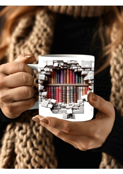 Kitaplık Kütüphane Baskılı 3D Tasarım Seramik Kupa Mug - Hediyelik Kupa Bardak