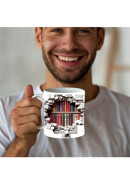 Kitaplık Kütüphane Baskılı 3D Tasarım Seramik Kupa Mug - Hediyelik Kupa Bardak