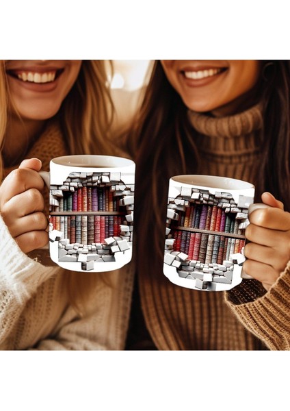 Kitaplık Kütüphane Baskılı 3D Tasarım Seramik Kupa Mug - Hediyelik Kupa Bardak
