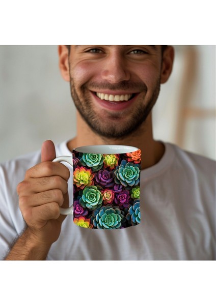 Sukulent Çiçekli Baskılı 3D Tasarım Seramik Kupa Mug - Hediyelik Kupa Bardak