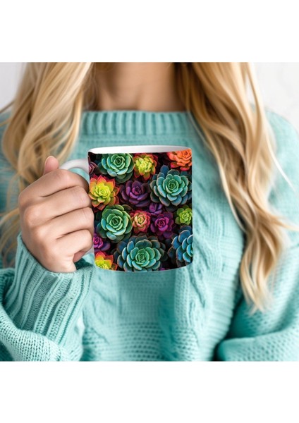 Sukulent Çiçekli Baskılı 3D Tasarım Seramik Kupa Mug - Hediyelik Kupa Bardak