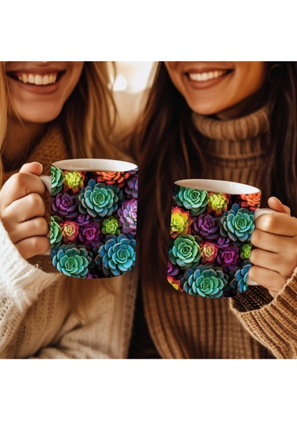 Sukulent Çiçekli Baskılı 3D Tasarım Seramik Kupa Mug - Hediyelik Kupa Bardak