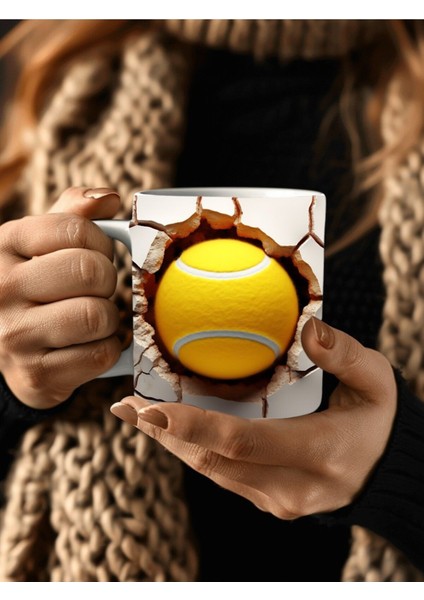 Tenis Topu Çatlak Duvar Temalı 3 Boyutlu Tasarım Seramik Kupa Mug - Hediyelik Kupa