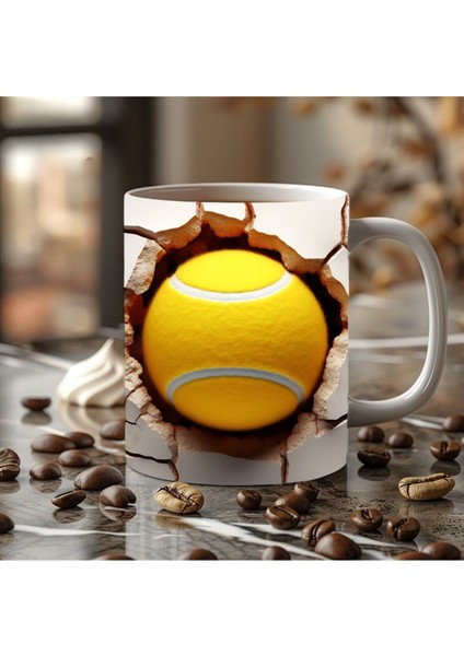 Tenis Topu Çatlak Duvar Temalı 3 Boyutlu Tasarım Seramik Kupa Mug - Hediyelik Kupa fiyatları
