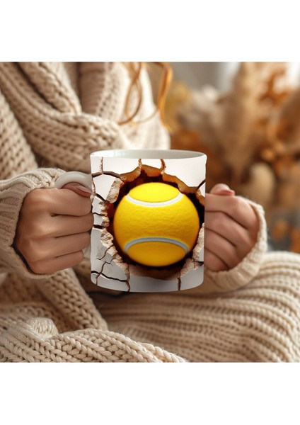 Tenis Topu Çatlak Duvar Temalı 3 Boyutlu Tasarım Seramik Kupa Mug - Hediyelik Kupa modelleri