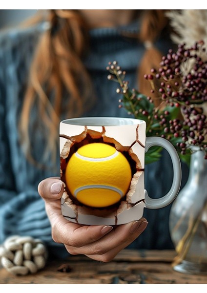 Tenis Topu Çatlak Duvar Temalı 3 Boyutlu Tasarım Seramik Kupa Mug - Hediyelik Kupa fırsatları